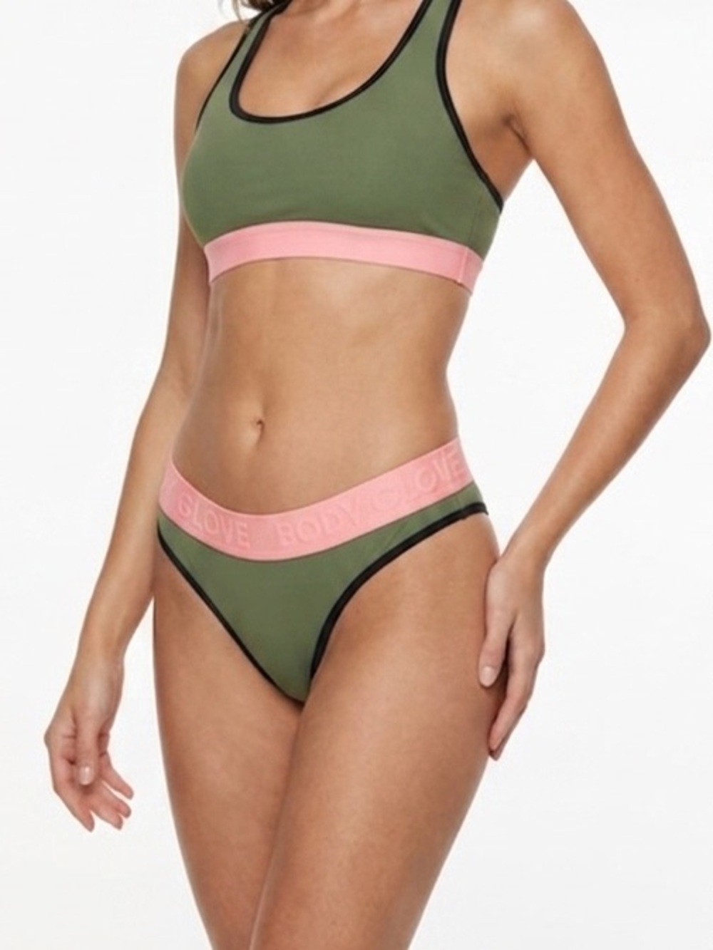 Body Glove Olive Green Cheeky Bikini Bottom with Pink Waistband Size Small